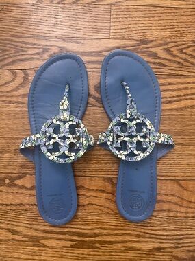 Tory Burch Blue Floral Cutout Miller Sandals